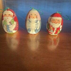 Set of 3 Hand Painted Russian‎ Wooden Ornaments Santa Snow Maiden Signed Mint